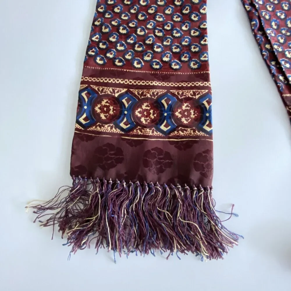 Men's Burgundy Fashion Scarf Fringe Blue Cream Geometric Pattern Dress Scarf